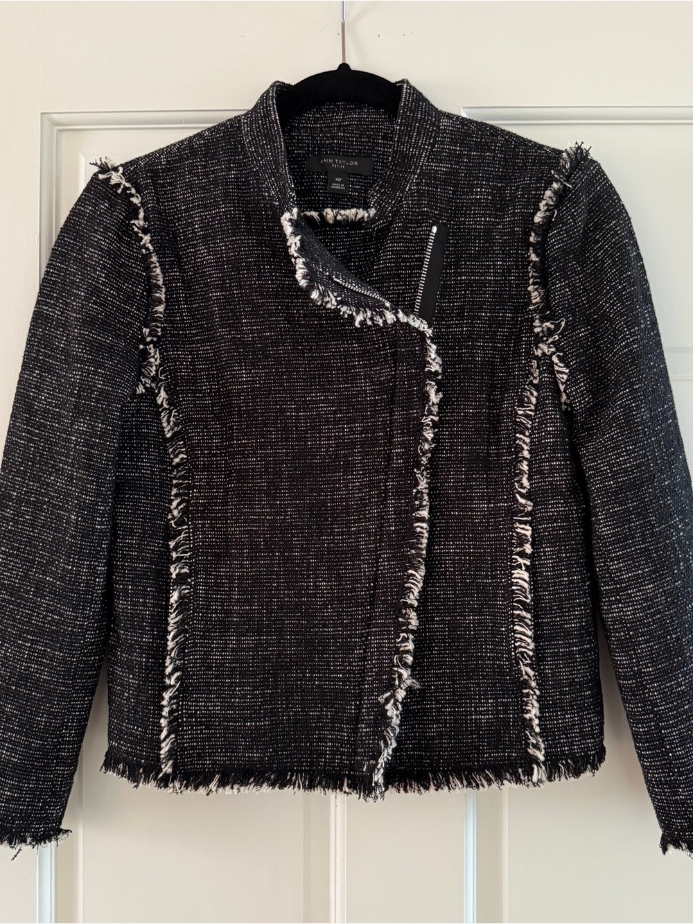 Ann Taylor Black Tweed Fringe Zip-Accent Jacket